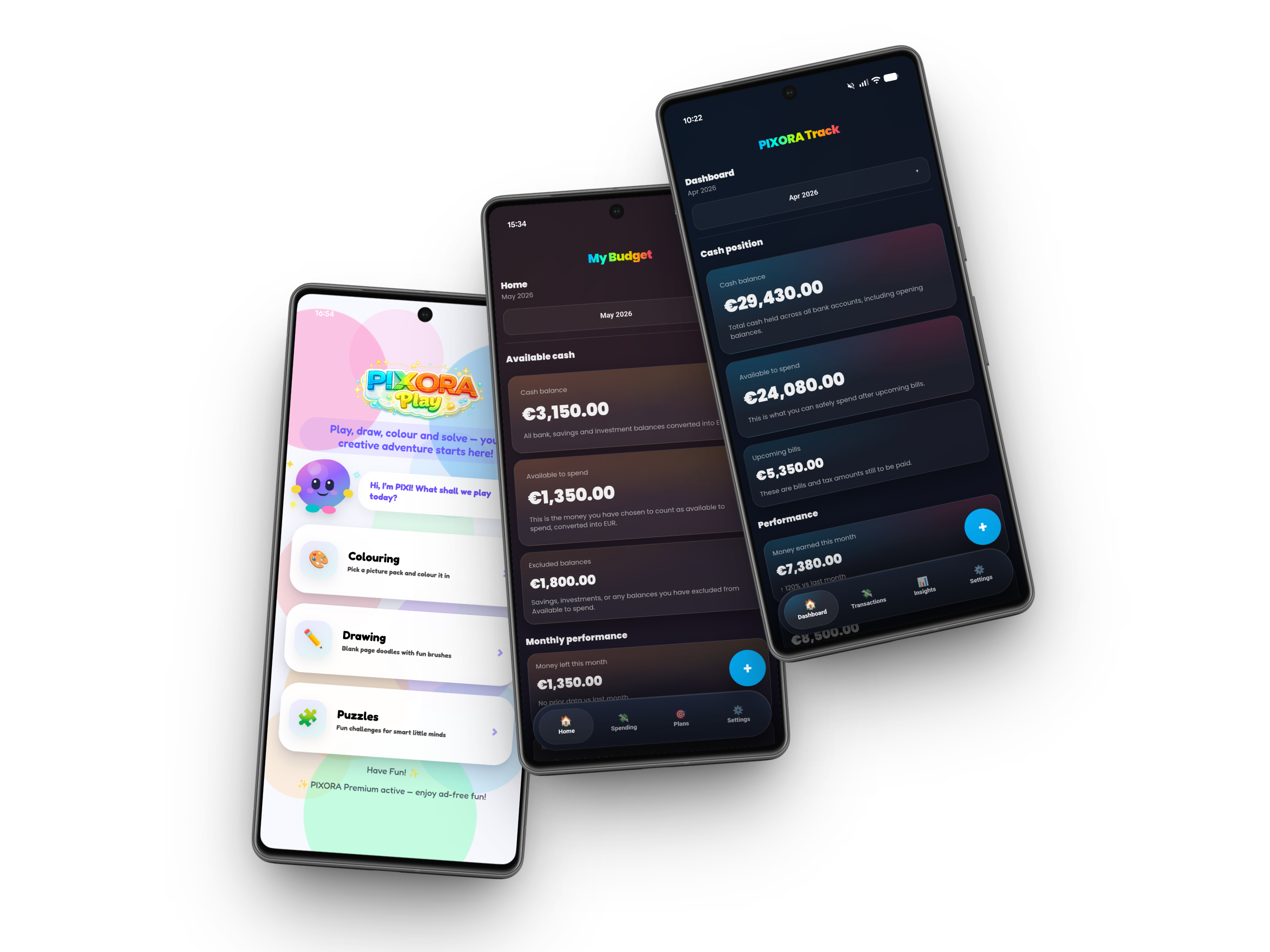 PIXORA app screenshots for Play, Track and Budget