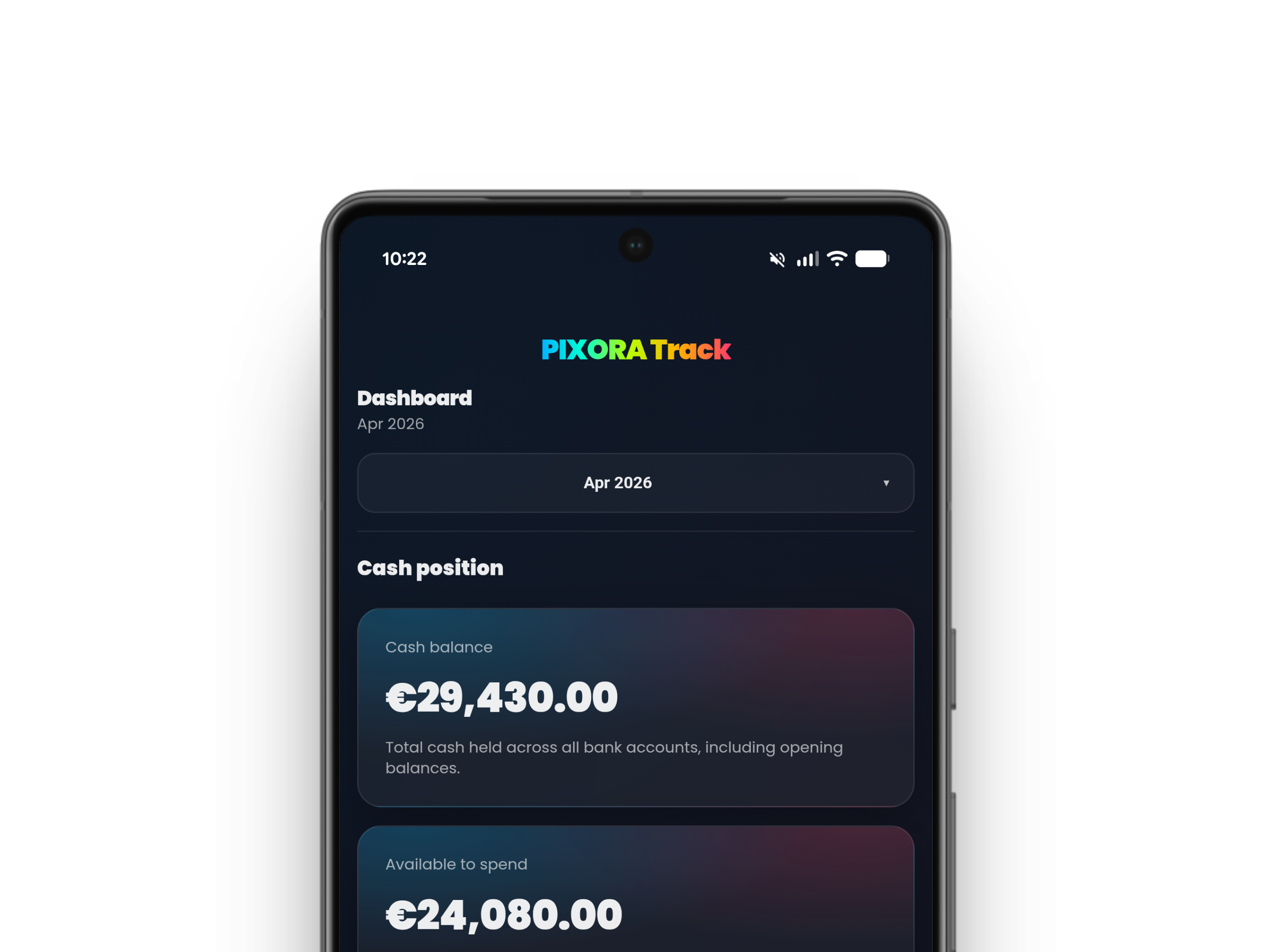 PIXORA Track finance dashboard mockup